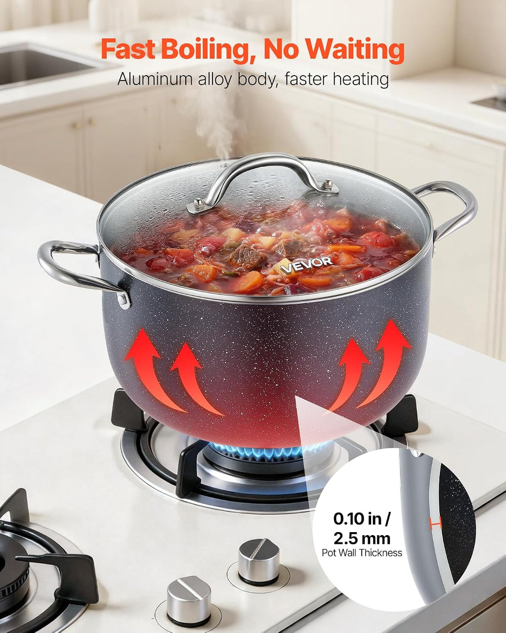 Aluminum Stock Pot, 12-Quart Nonstick Ceramic Coated Pot with Glass Lid, PFOA-Free, PFAS-Free, Compatible with Gas