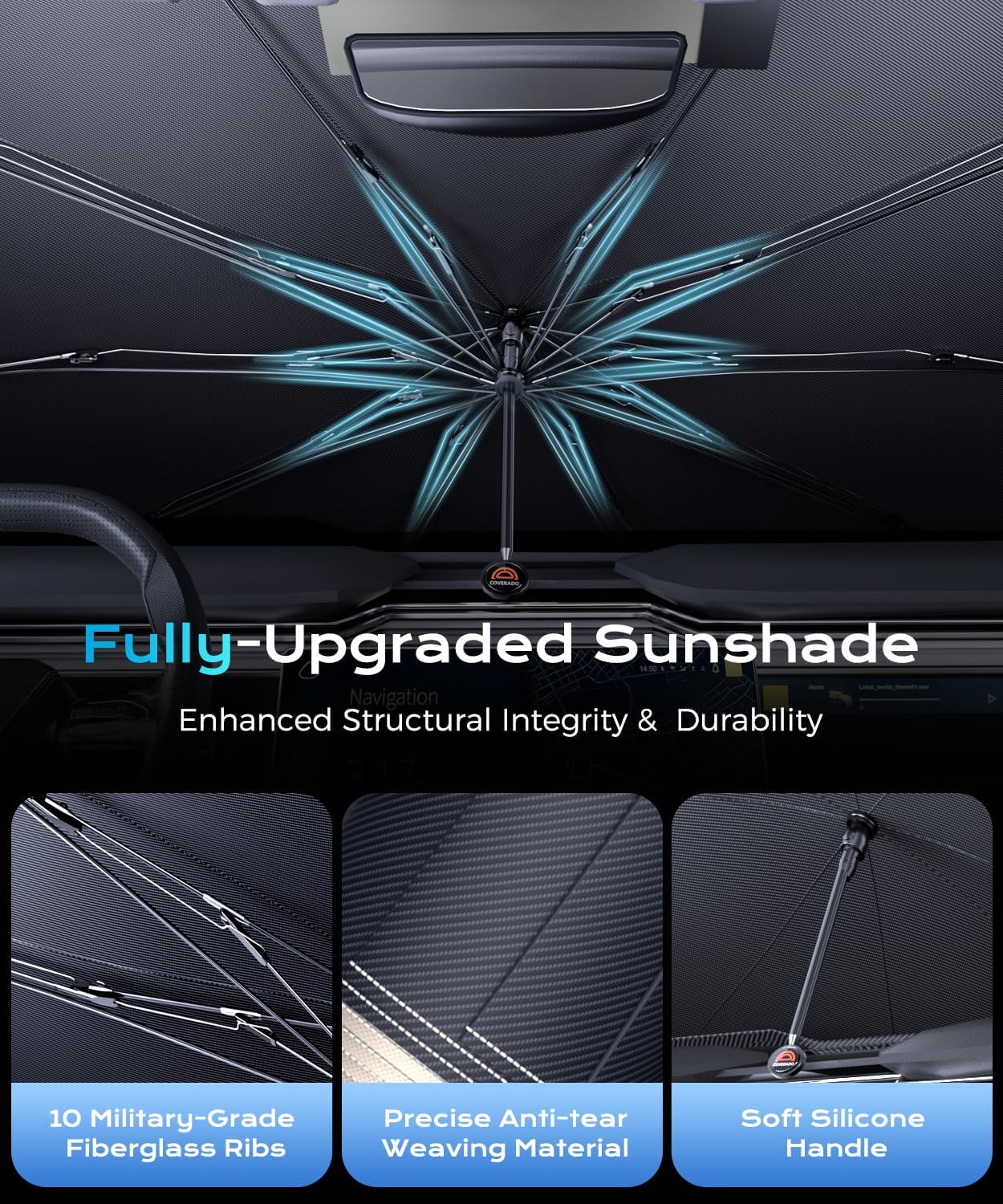 [2026 Upgrade] Coverado Windshield Sun Shade, UPF80+ Sunshade for Car Windshield Blocks Heat & UV Rays, Thickened