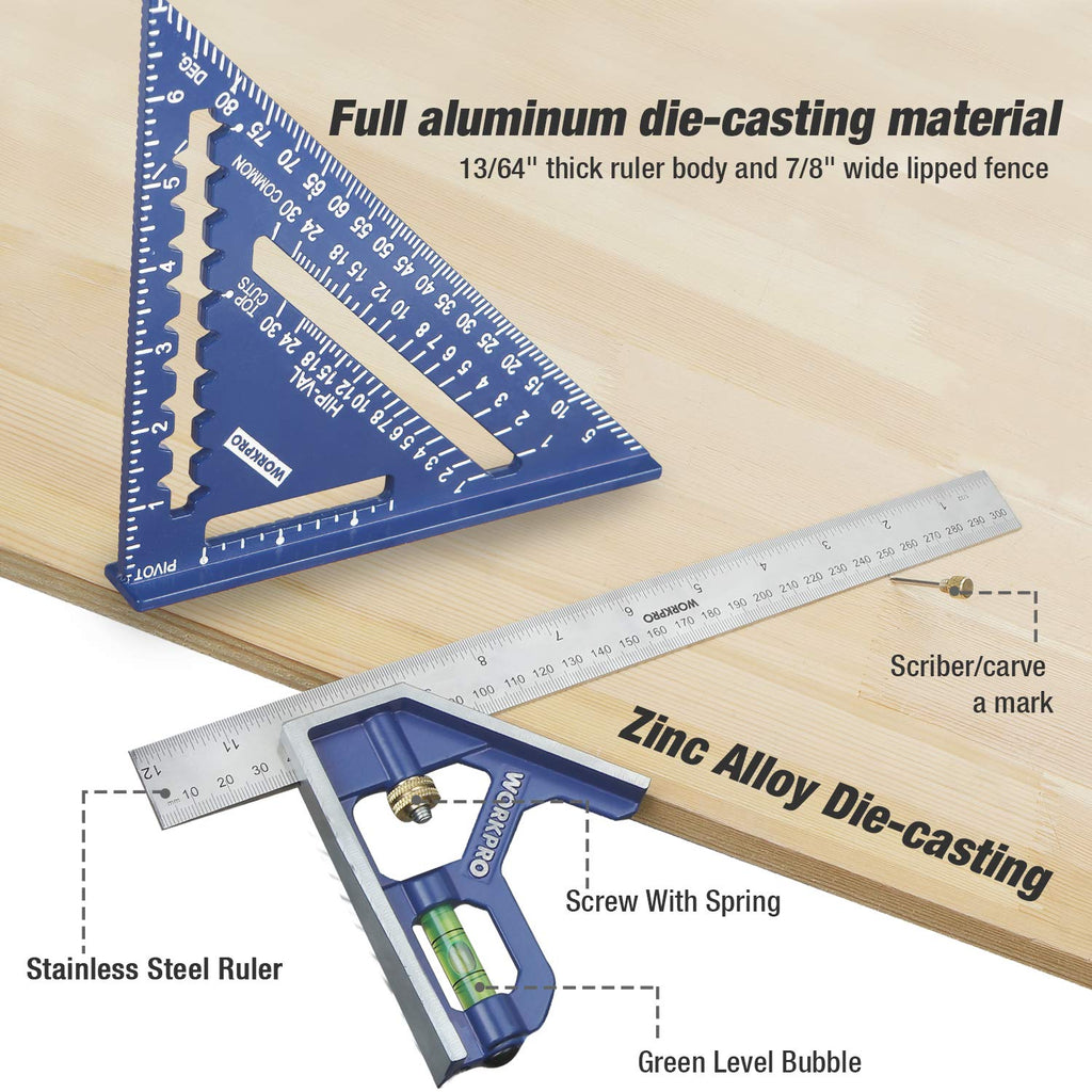 Aluminum Alloy Carpenter Square and Zinc-Alloy Square Ruler Set | 12" Combination Square with Stainless Steel Rule