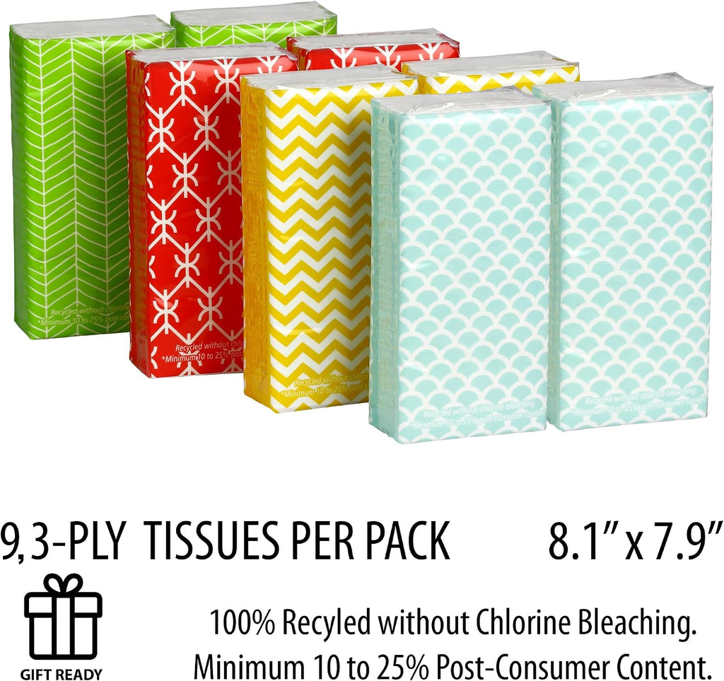 Travel Tissues, 8-Pack, 72 Soft 3-Ply Sheets, Geometric Design