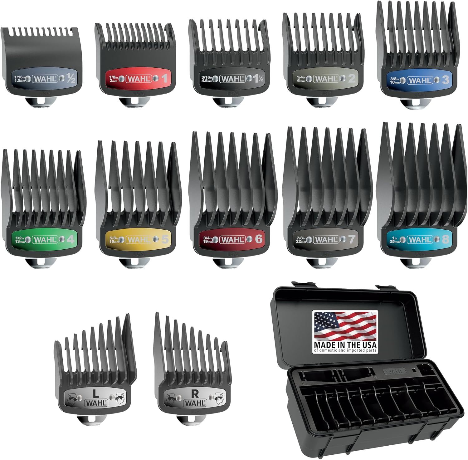 Genuine SECURE-SNAP Colored Metal Clip Guard Set, 12 Guards & Caddy | Metal Clip Guide Comb Set For Wahl Clippers, 12