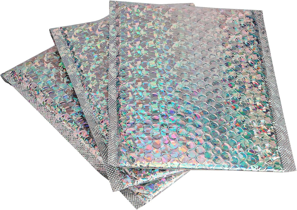 50 Pieces 6 x 10 Inch Holographic Bubble Mailers, Silver Metallic Padded Bubble Mailers, Glamour Self Sealing Cushion