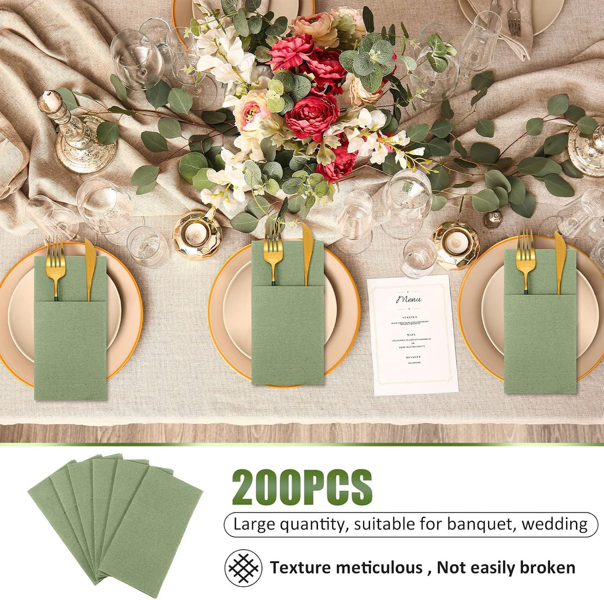 200 Pcs Linen Feel Dinner Napkins with Flatware Pocket,Sage Green