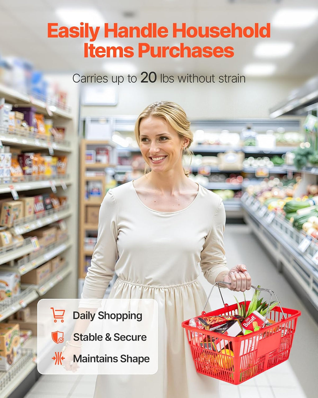 Shopping Baskets, 12 PCS, 21L Stackable PE Plastic Grocery Baskets with Metal Handles, Dense Mesh Structure, Holds up