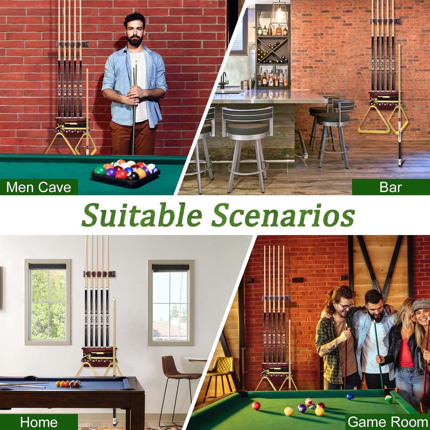 Hardwood Billiards Pool Cue Rack - Wall Mount Holder for 6 Cues, Sticks Storage and Table Accessories Organizer