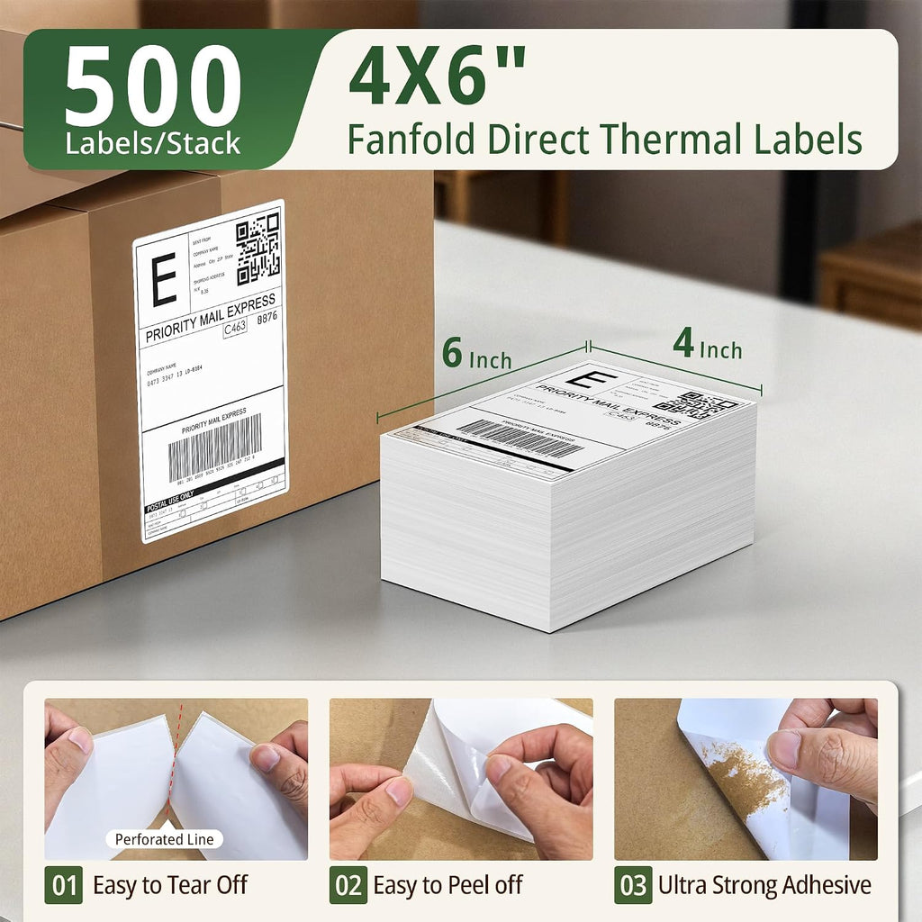 Direct Thermal Labels Fanfold: 4" x 6" Shipping Labels Adhesive 500Pcs | Resistance to Water Grease Scratches, Three