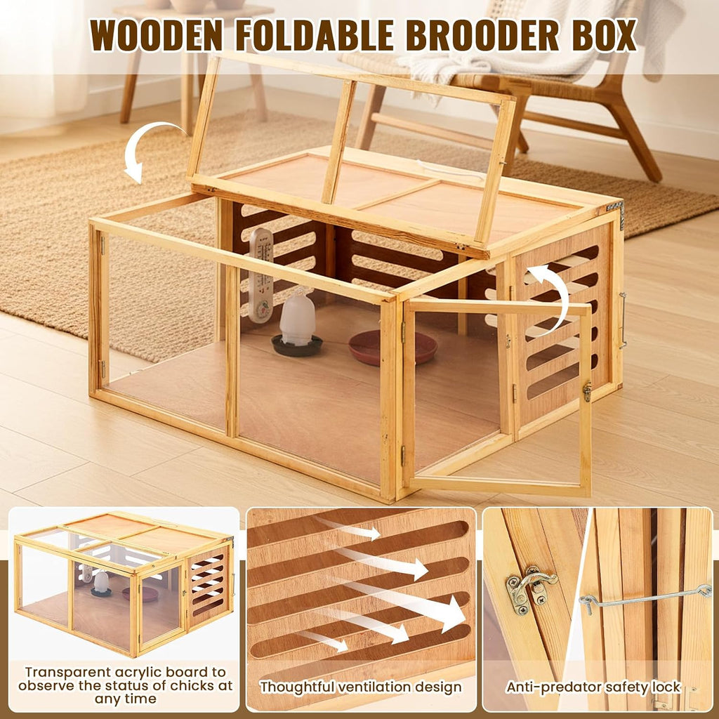 Large Chicken Brooder Box Kits 32x32x16 in Wooden Foldable Chick Brooder Box with Heated Light Thermometer Portable