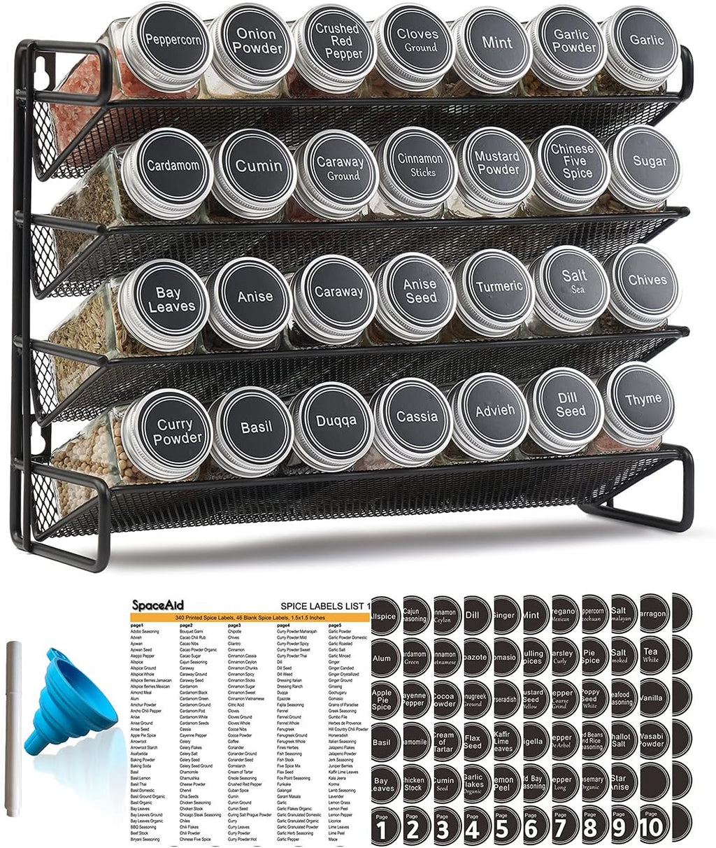 Spice Rack Organizer with 28 Spice Jars, 386 Spice Labels, Chalk Marker and Funnel Set for Cabinet, Countertop
