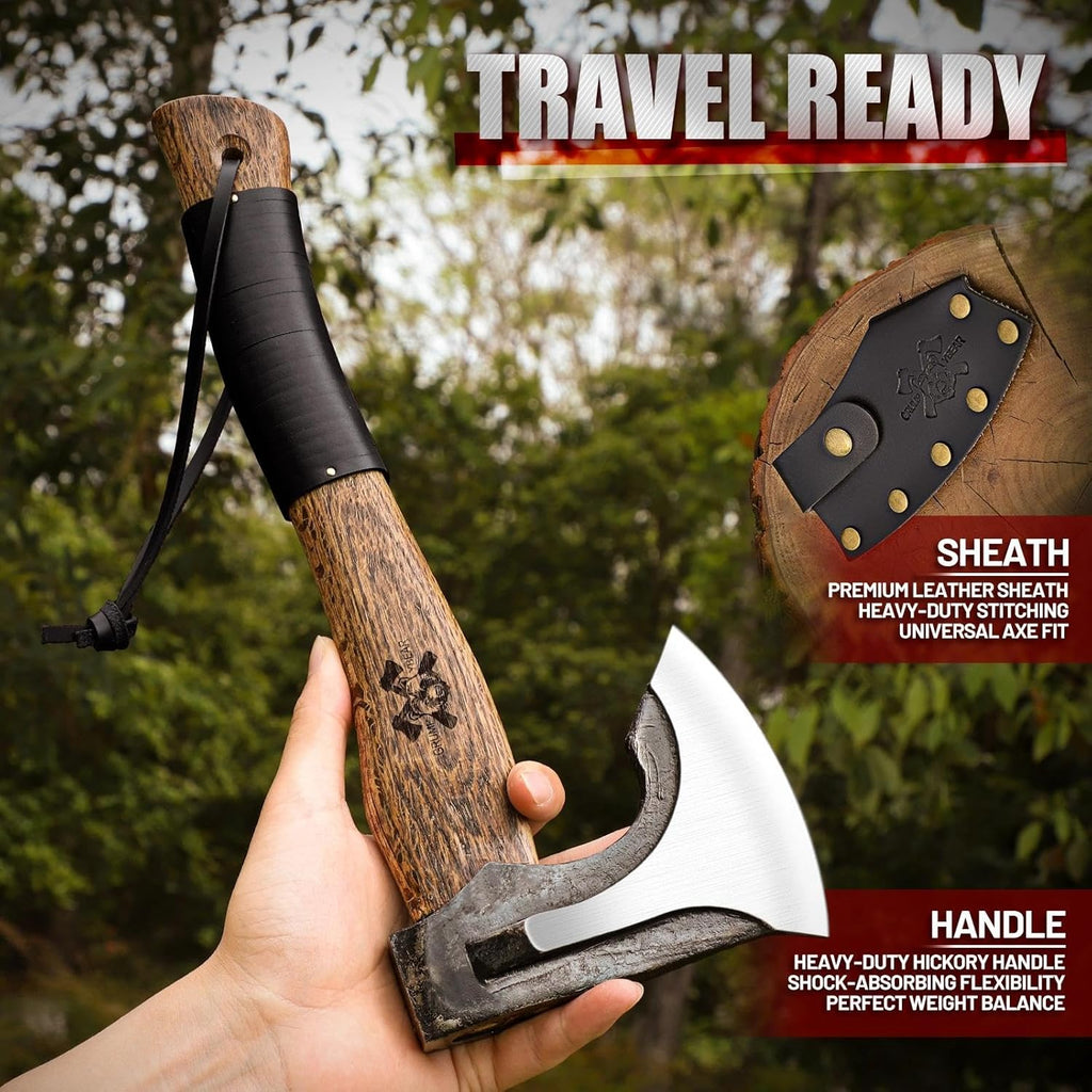 13" Camping Hatchet, Survival Axe with Sheath, High Carbon Steel and Wood Handle, Anti-Slip Grip – Ideal for