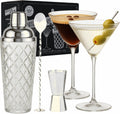 Silver Cocktail Shaker Set + 2 Ribbed Martini Glasses & Bar Tools