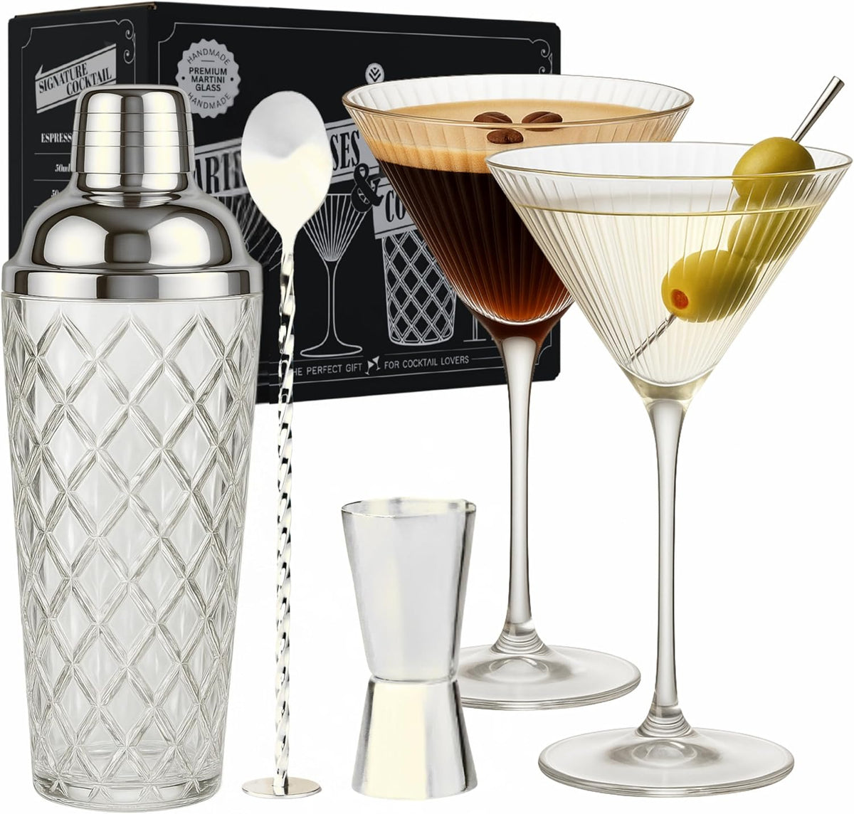 Silver Cocktail Shaker Set + 2 Ribbed Martini Glasses & Bar Tools