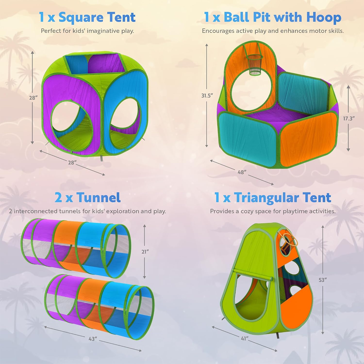 5-Piece Kids Pop up Play Tent Crawl Tunnel and Ball Pit with Basketball Hoop Playhouse for Boys, Girls, Babies, and