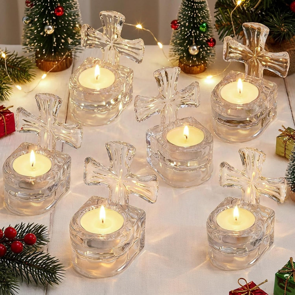 6 Pack Clear Glass Cross Tea Light Candle Holders, 4-inch Tall Crystal Votive Candle Holders for Religious Home