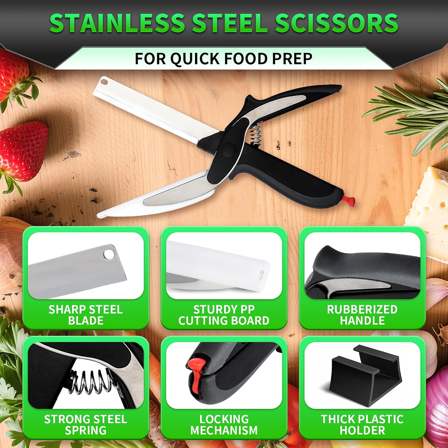 DZ Duozhan Food Cutting Scissors with Built-in Chopping Board - Premium Stainless Steel Kitchen Shears for Vegetables