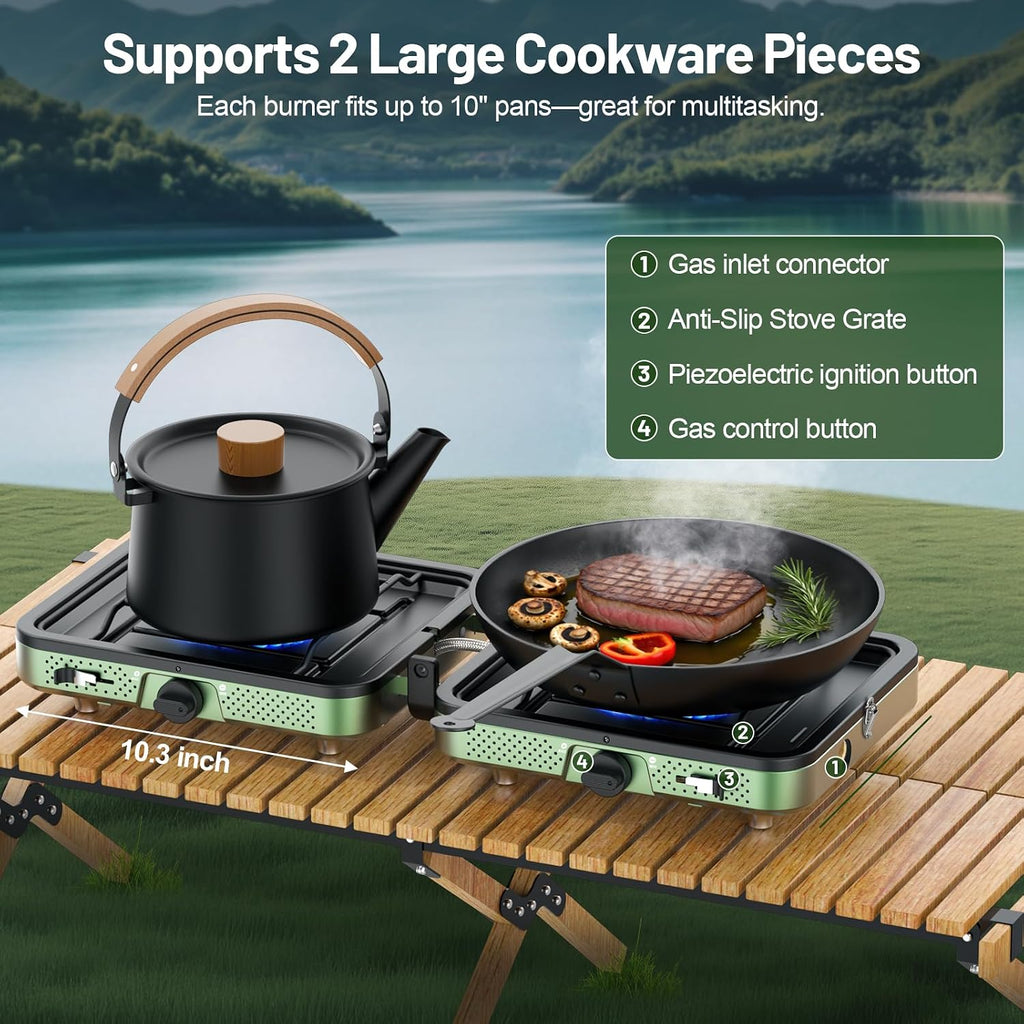 Portable Camping stove, 2 Burner Foldable Camping Stove with Griddle and Carrying Bag & Hose, 8600BTU Portable