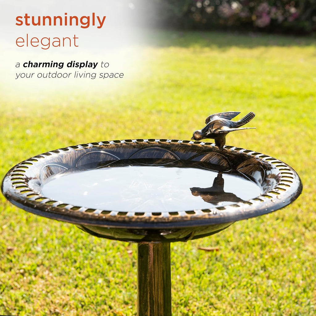27" Tall Outdoor Antique Pedestal Birdbath with Bird Statue Decor, Durable Polypropylene Construction, Bronze