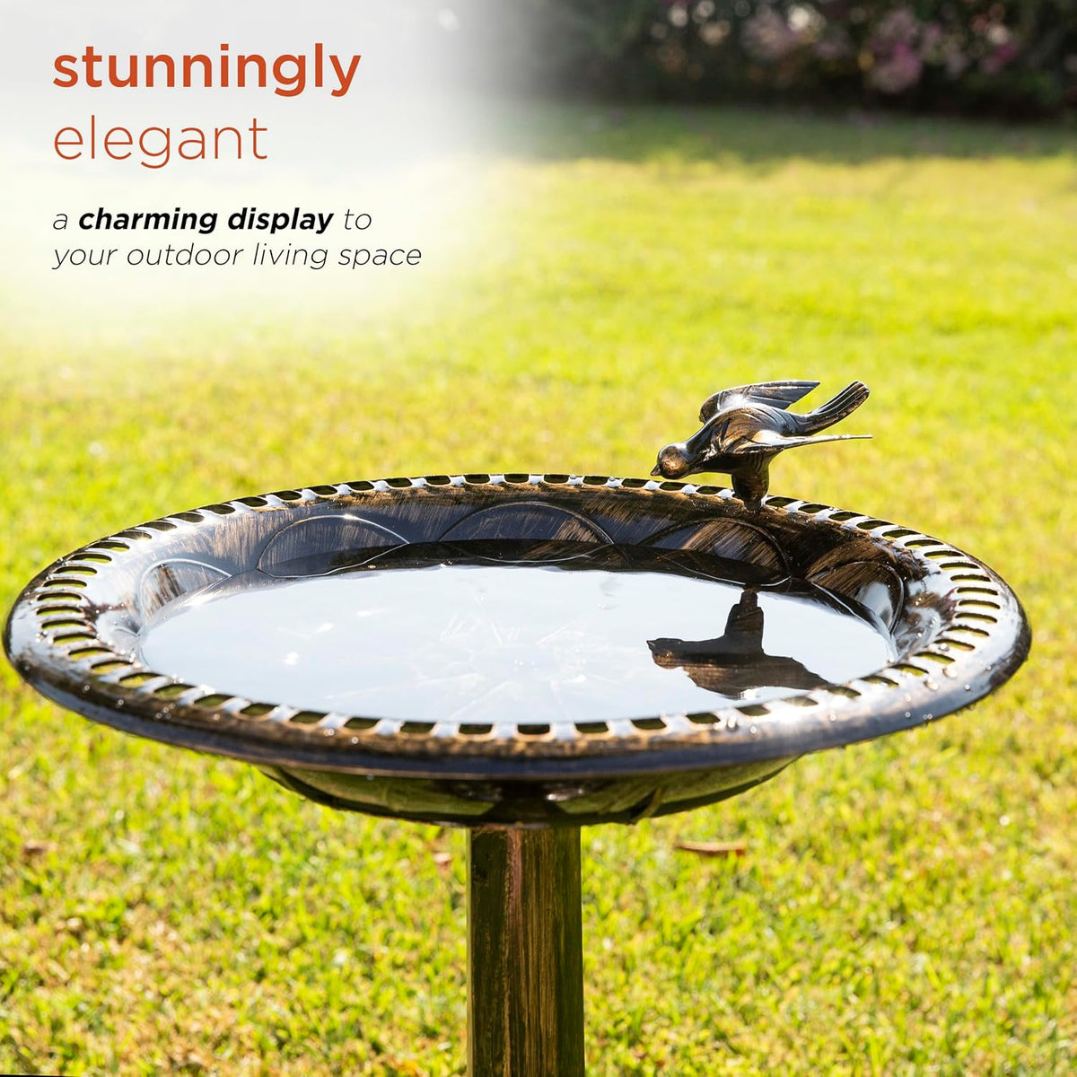 27" Tall Outdoor Antique Pedestal Birdbath with Bird Statue Decor, Durable Polypropylene Construction, Bronze
