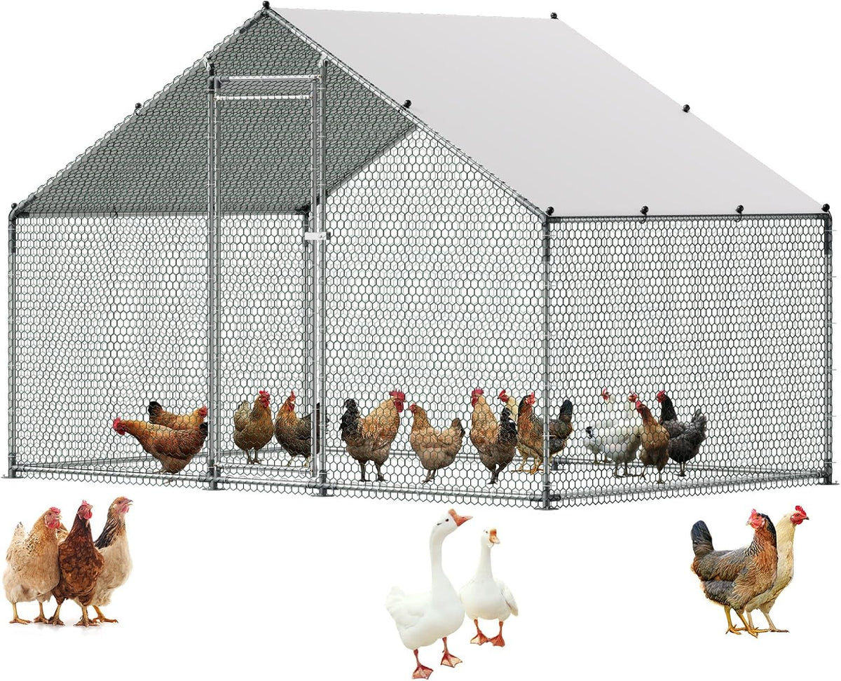 Large Metal Chicken Coop with Run, Walkin Chicken Coop for Yard with Waterproof Cover, 6.5 x 9.8 x 6.5 ft, Spire Roof