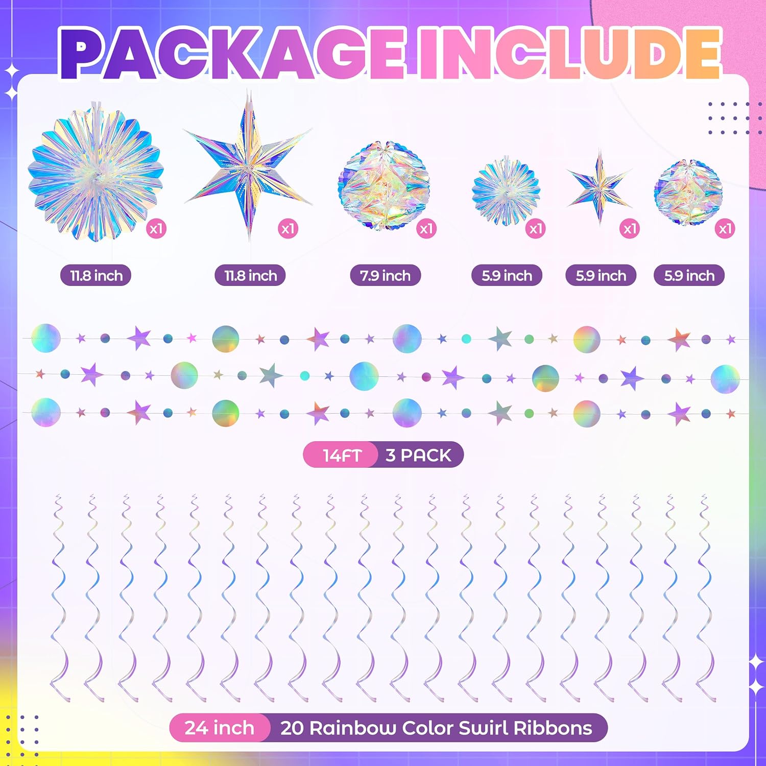29 Pcs Iridescent Party Decorations with Hanging Honeycomb Ball Decorative Paper Fan Snowflake Hexagonal Star