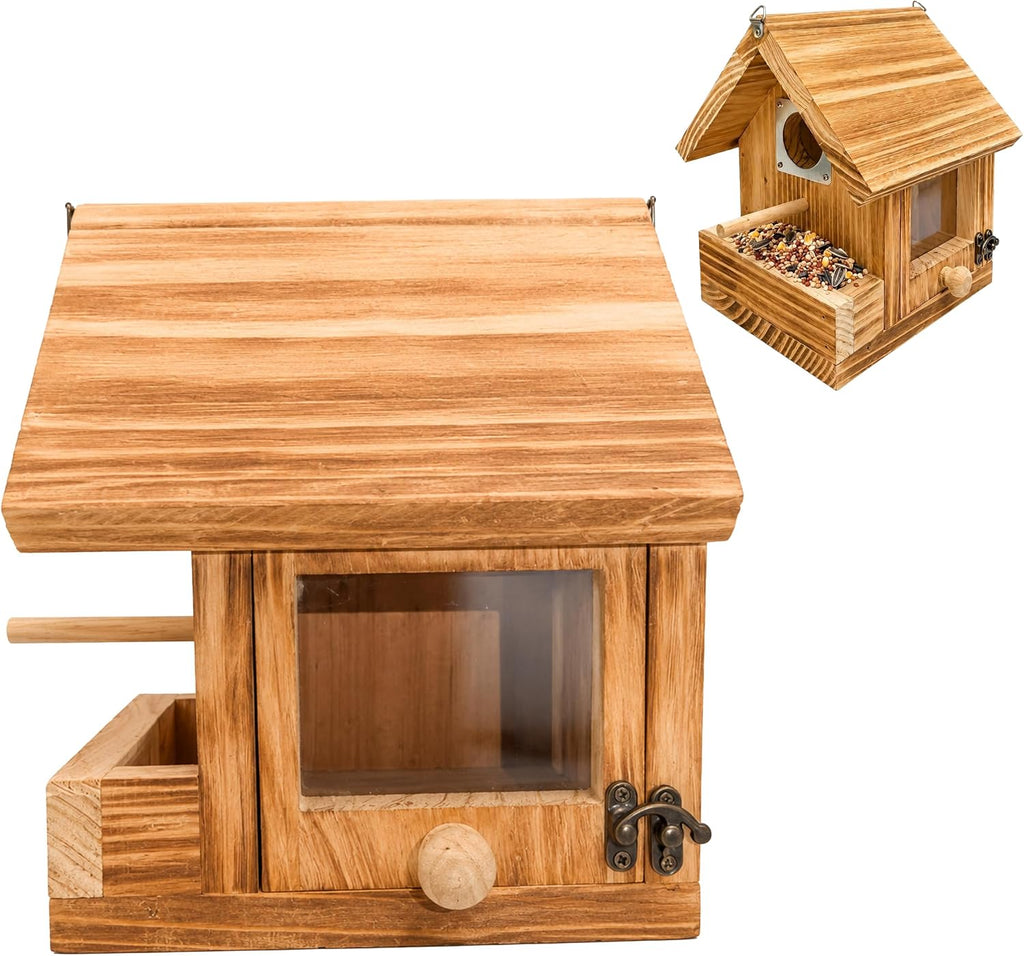 2-in-1 Wooden Bird House for Outside with Feeder, Hanging Birdhouse, Clear Window & EasyClean Door, Carbonized Solid