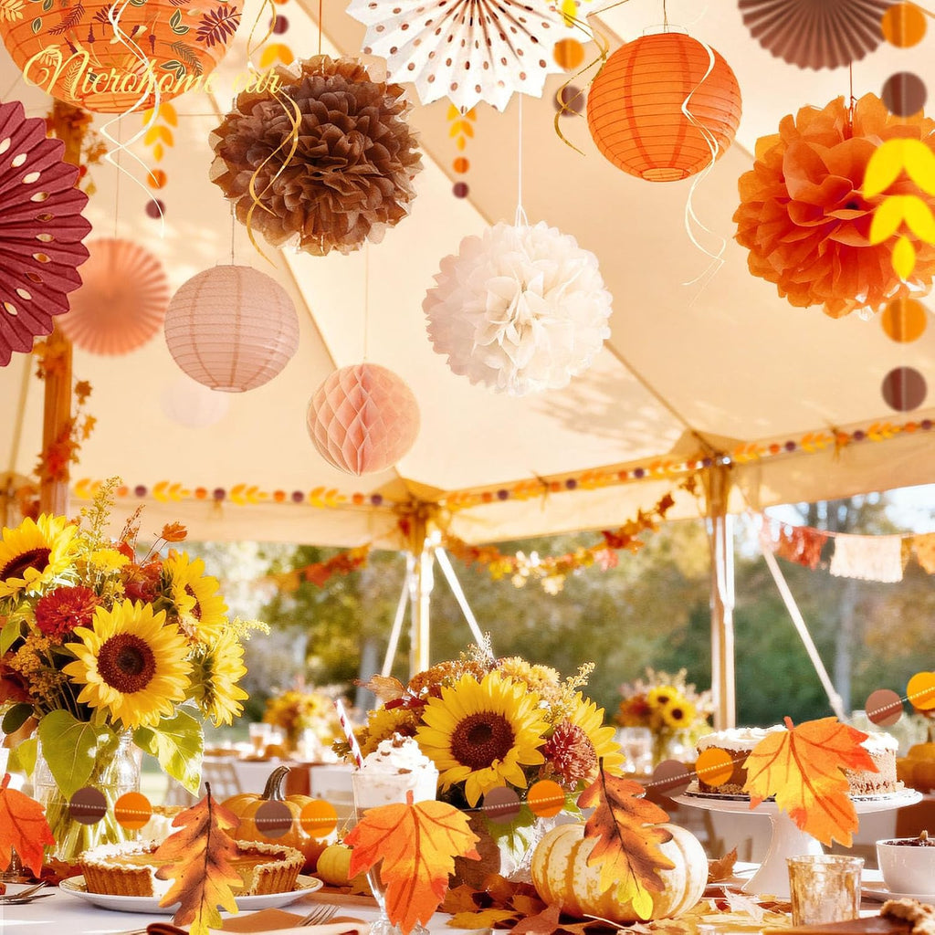 Fall Thanksgiving Decor with Pom Poms Lanterns Fans Garlands | 21PCS burnt orange burgundy tissue paper decorations