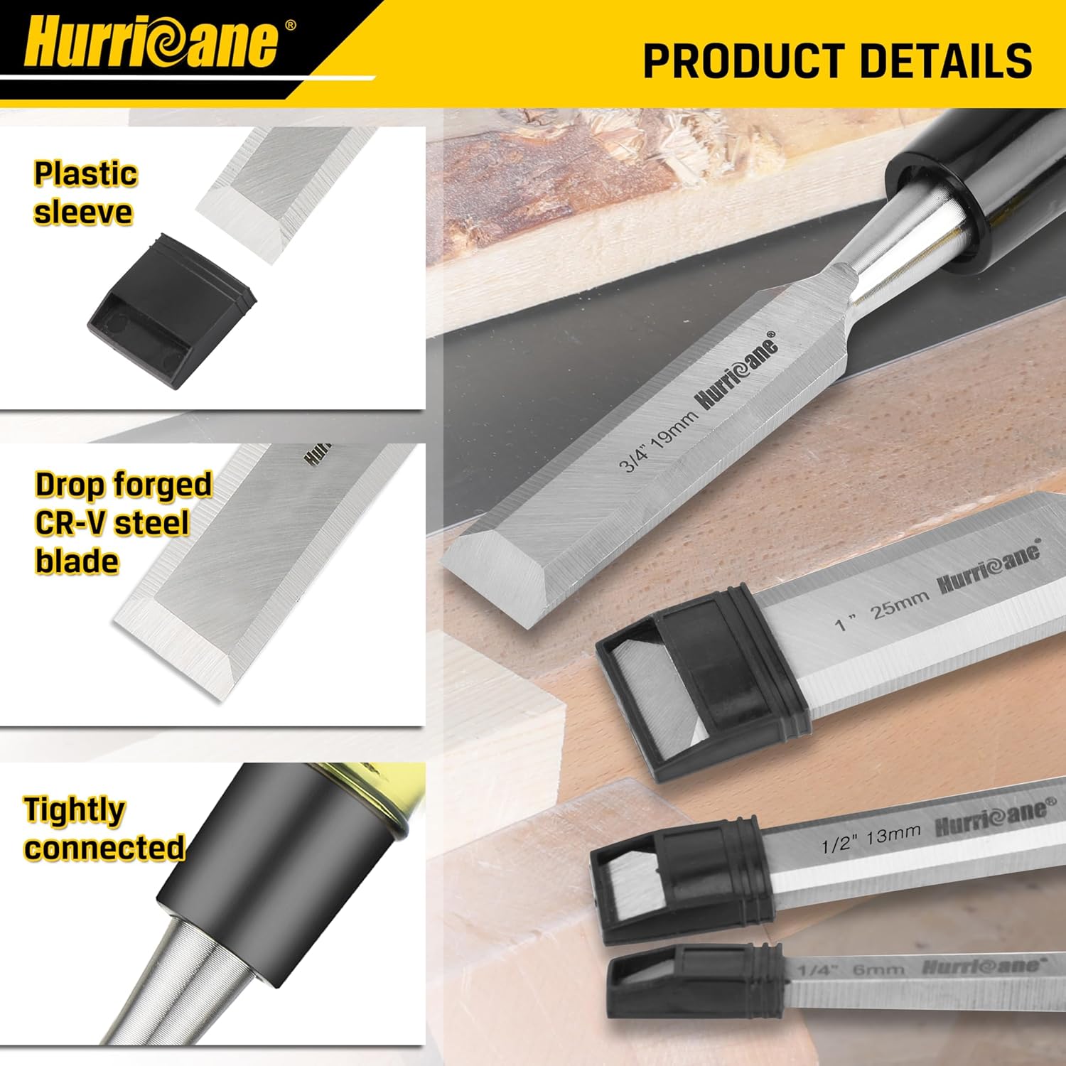 4 Piece Wood Chisel Set for Woodworking. CR-V Steel Beveled Edge Blades with Safety Caps. Durable PVC High Impact