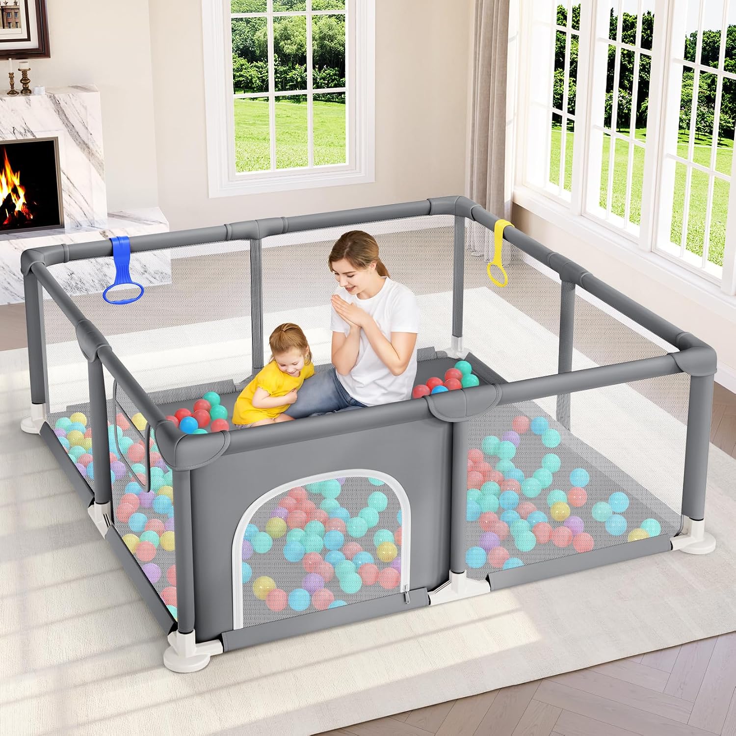 Baby Playpen, 47"x47" Small Play Pen for Babies, Grey | Breathable Visible Mesh, Anti-Fall Design, Easy Setup