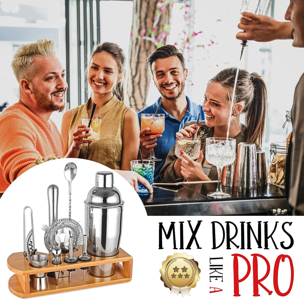 Cocktail Shaker Set Bartender Kit, 12-Pcs Bar Tool with Bamboo Stand