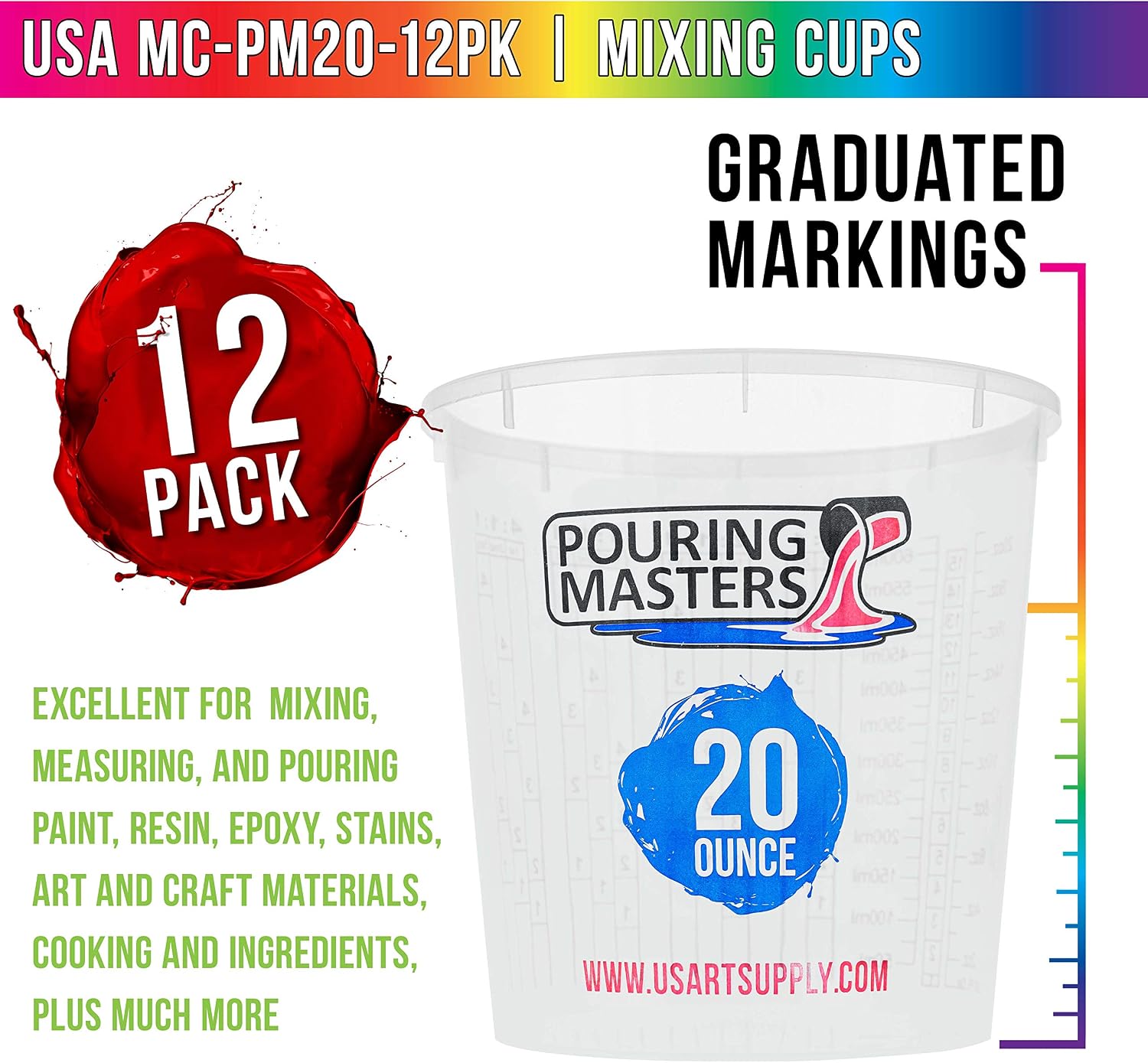 20 Ounce (600ml) Graduated Plastic Mixing Cups (Box of 12) | Paint Mixing Cups for Epoxy Resin, Art, Kitchen, Baking