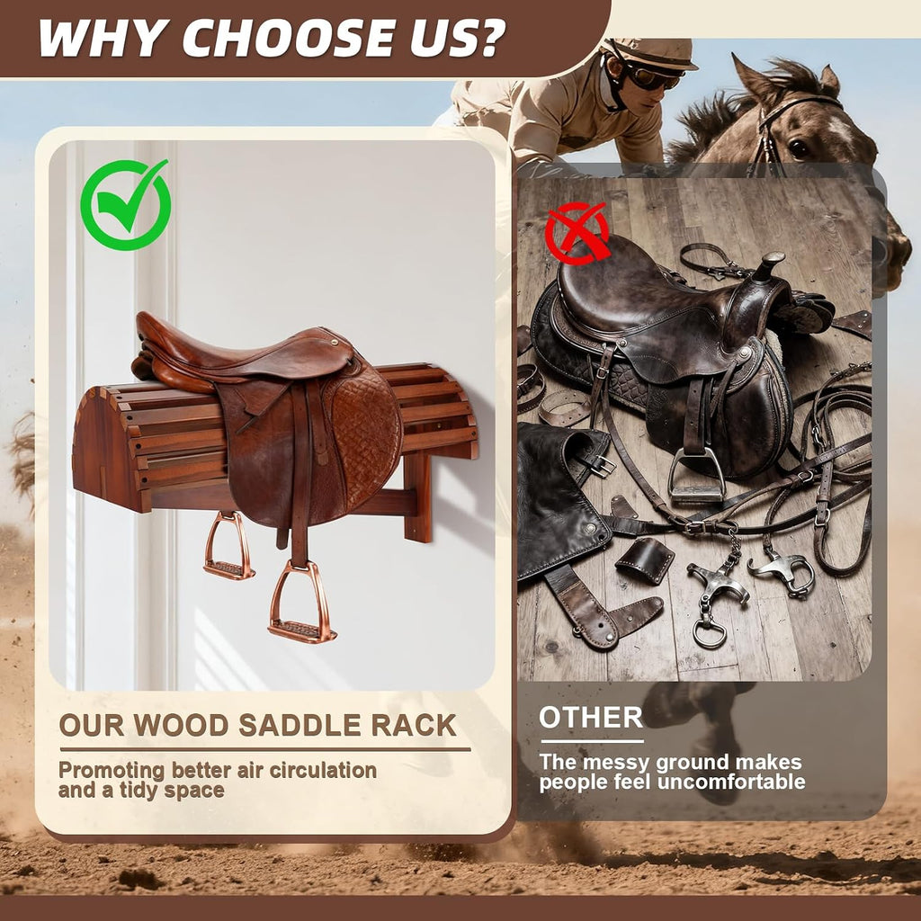 Wall-Mounted Wood Saddle Rack – Space-Saving Design with Reinforced Crossbars, Non-Abrasive Surface, Heavy-Duty