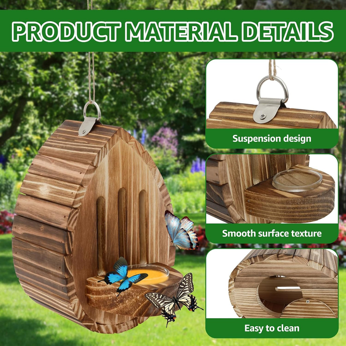 Wooden Butterfly House and Feeder, Butterfly Habitat Nesting Box, Natural Hanging Garden Outside Decoration