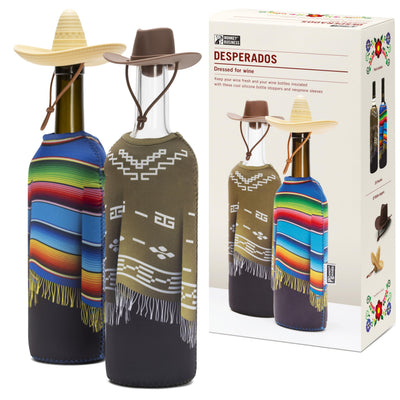 Giftbox for Wine Lovers – 2 Neoprene Wine Bottle Poncho Covers + 2 Silicone Wine Stoppers – Funny Wine Gifts for