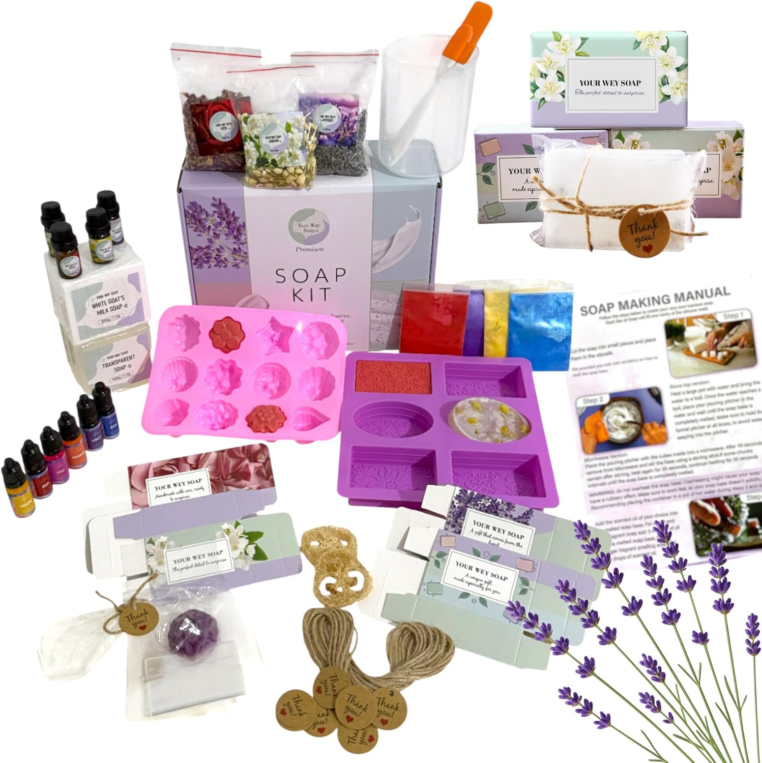 Soap Making Kit – 53 PCS DIY Melt & Pour Supplies with 2 lbs Soap Bases (1 lb Goat’s Milk + 1 lb Glycerin), Molds