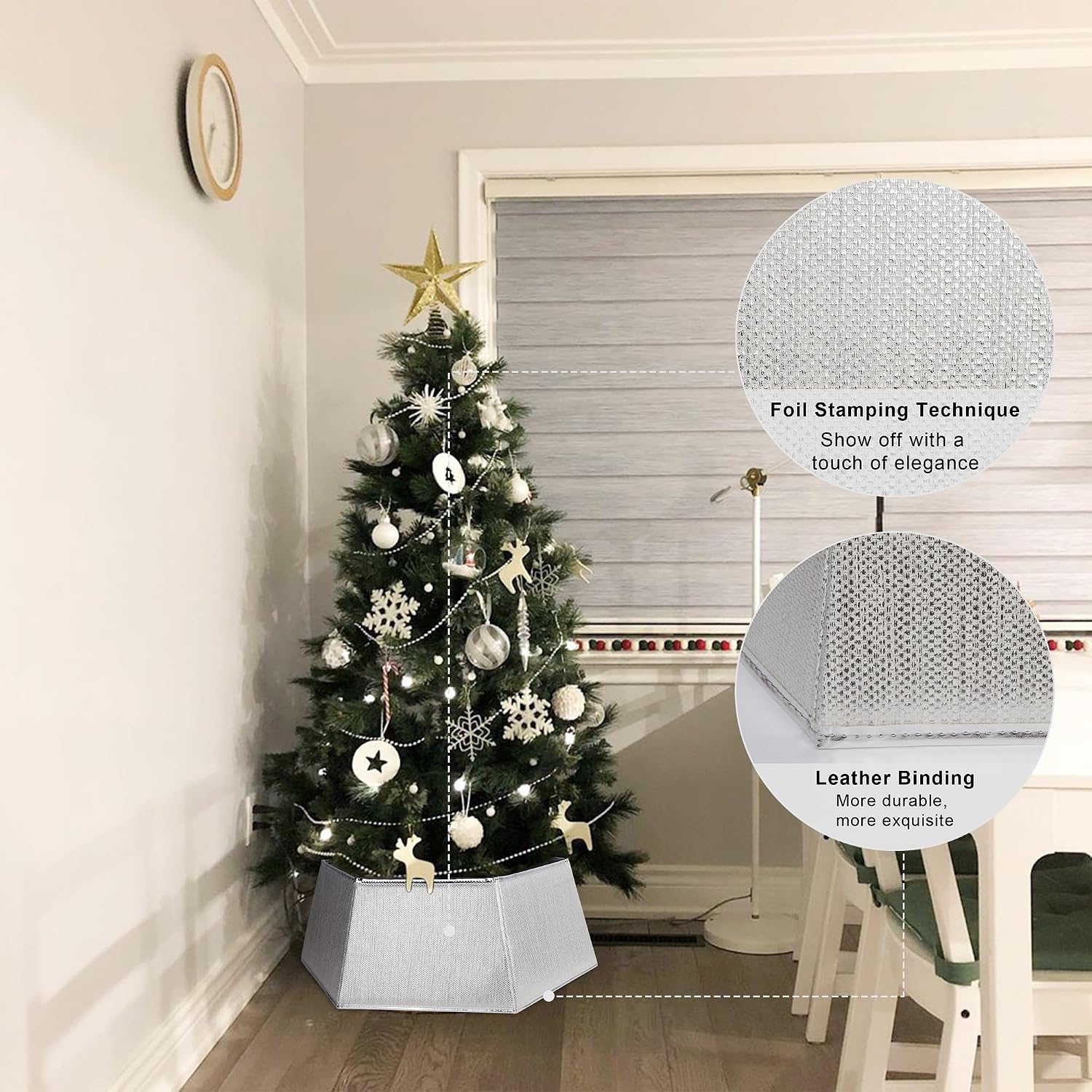 Hexagonal Christmas Tree Collar - Shiny Fabric Tree Skirt, Decorative Tree Ring for Holiday & Xmas Decor (Shiny Silver)