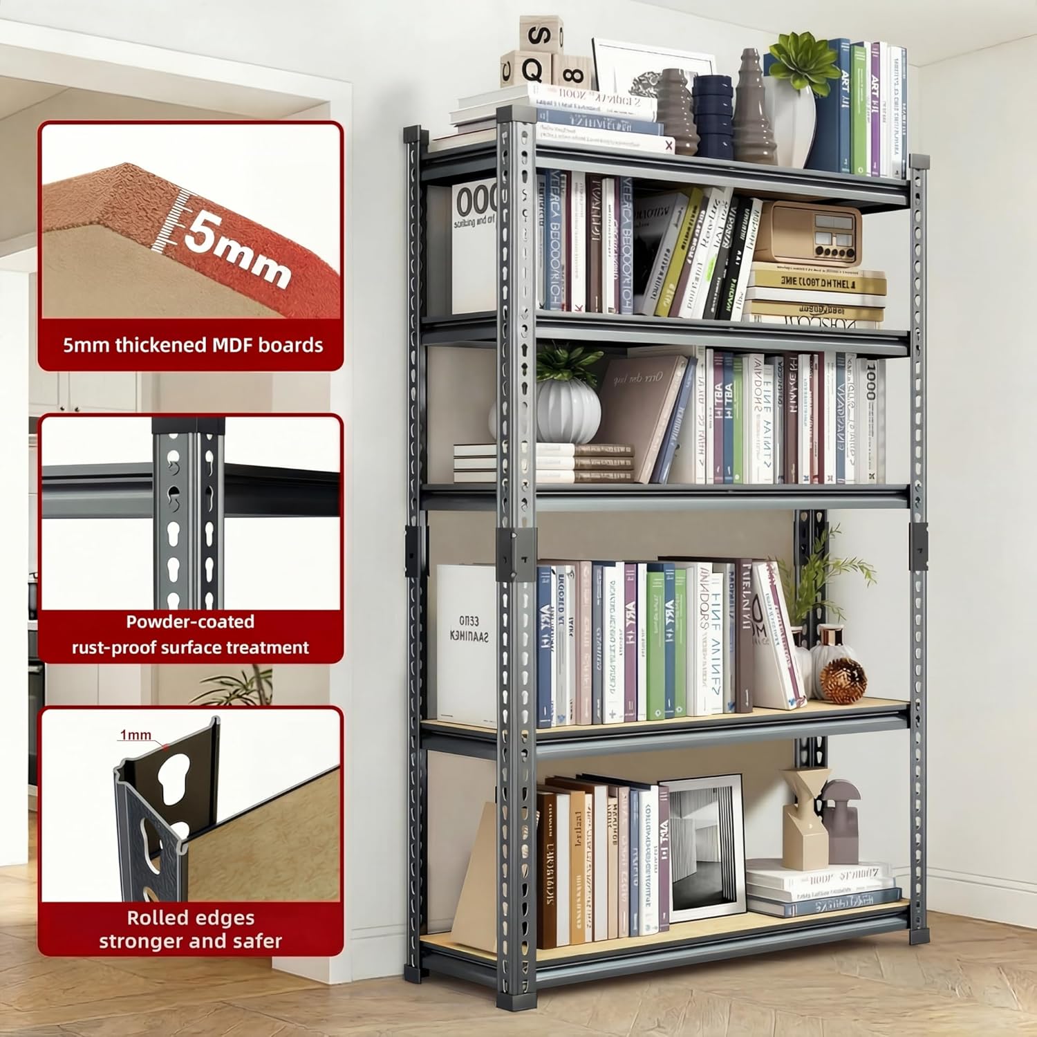 Garage Shelving Heavy Duty, 2450LBS Metal Storage Shelves 5 Tier, Adjustable Shelving Unit 30" W x 12" D x 62" H