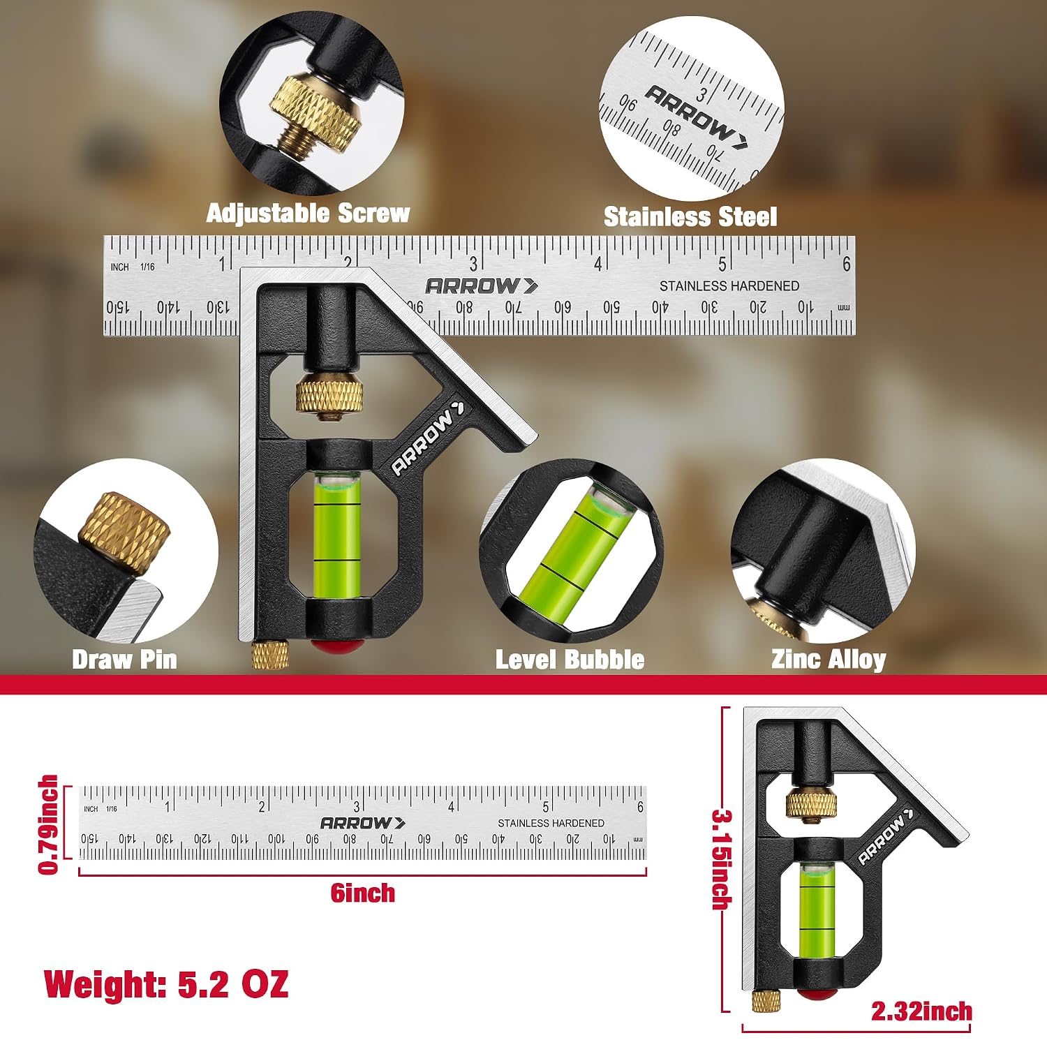 Arrow Combination Square, 6-Inch Combo Square with Bubble Level | Stainless Steel Ruler, Zinc Alloy Body, Carpenter