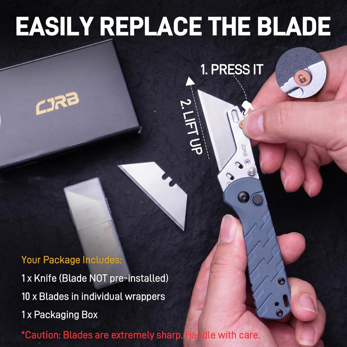 CJRB Boxer Folding Utility Knife, 10PCS Razor Blades, Quick Change Blade