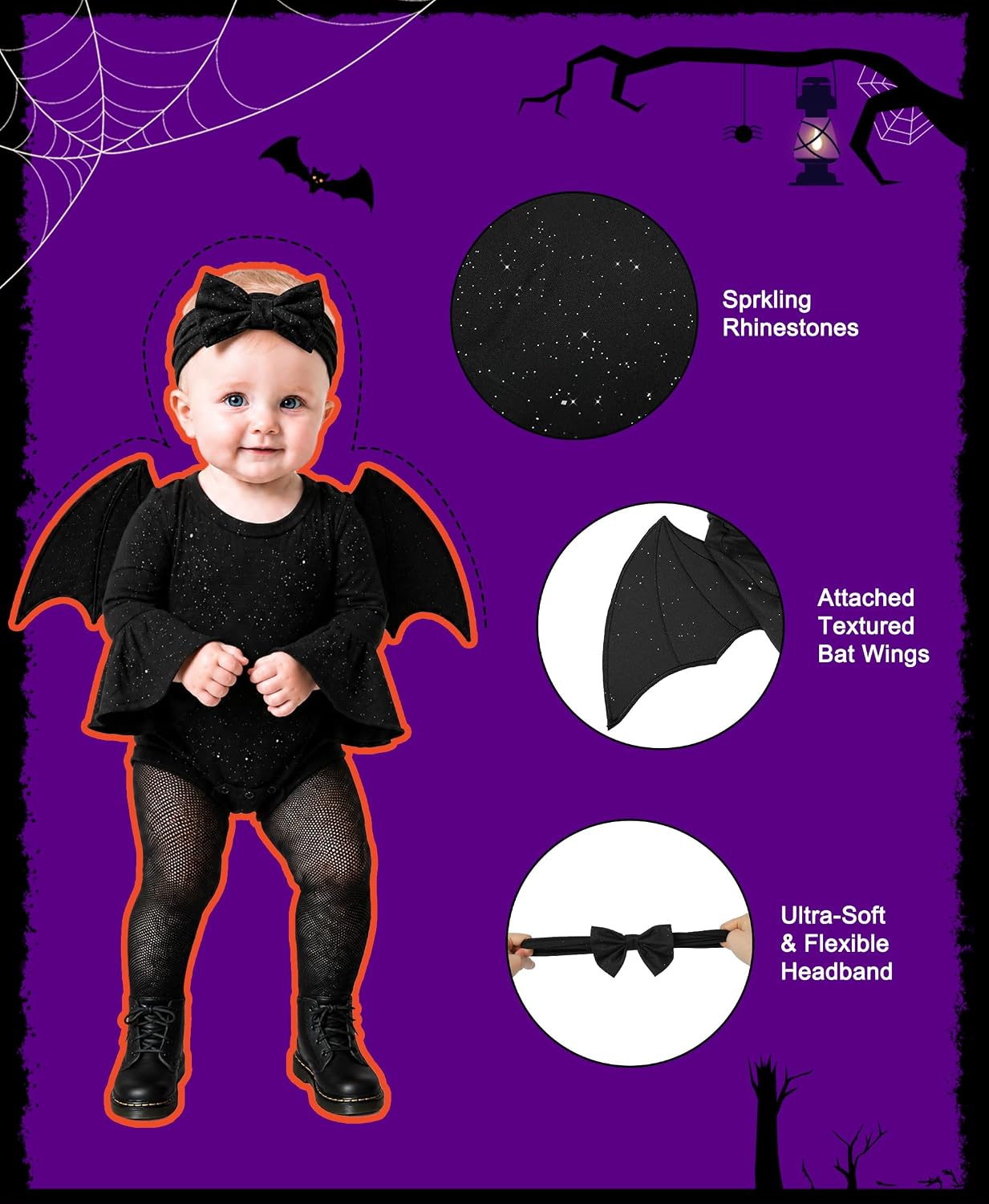 Halloween Baby Bat Costume for Toddler Girl Kids Halloween Party Outfit | Sparkling Romper with Bat wings, Bow