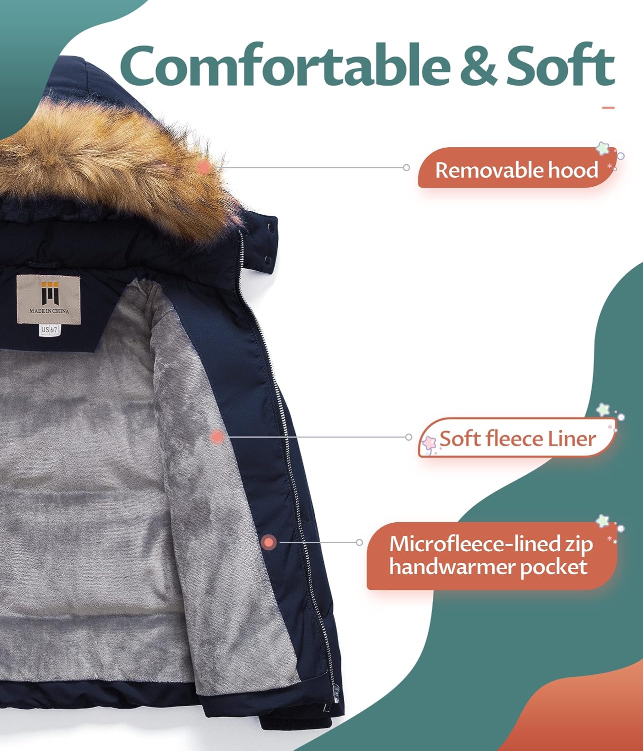 Girl's Kids Metallic Shiny Jacket with Detachable Fur Collar Warmth Winter Outerwear