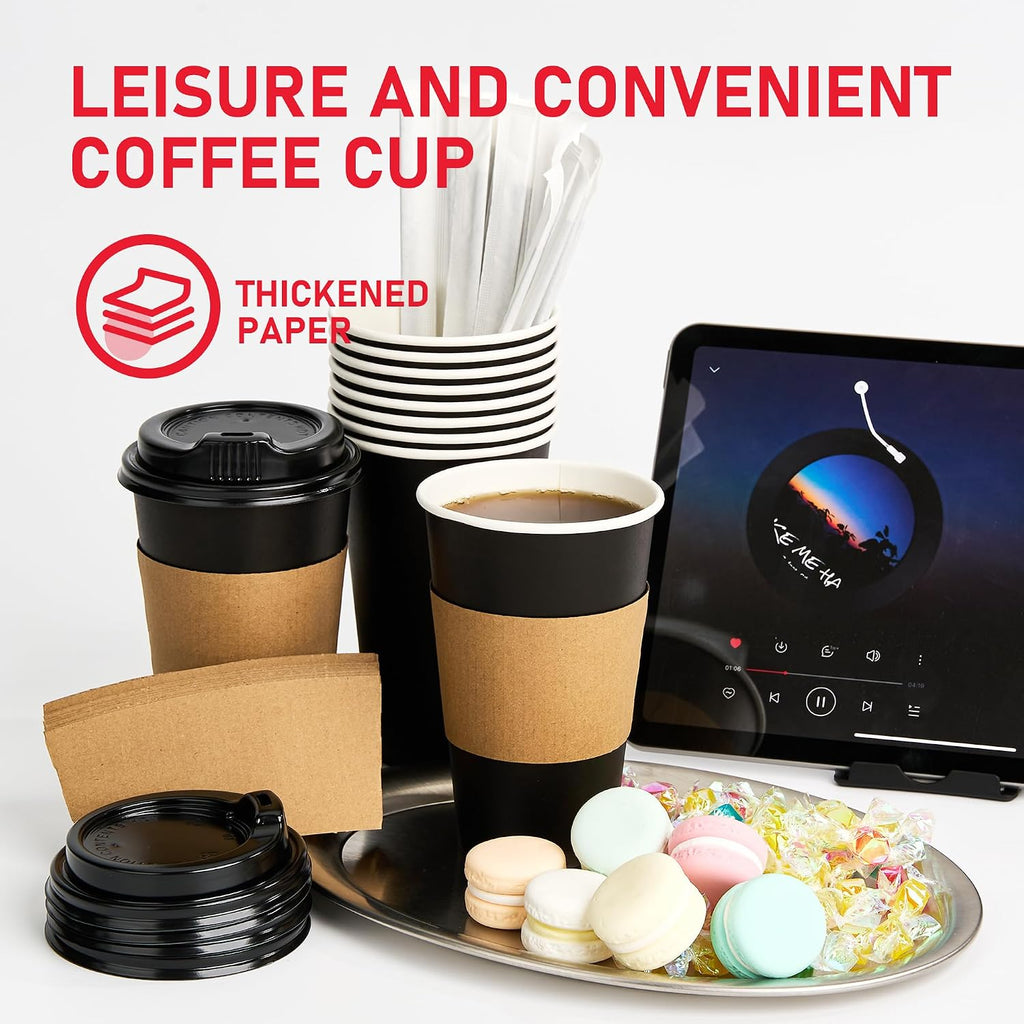 16 oz Coffee Cups with Lids 100 Pack, Sleeves and Stirring Sticks