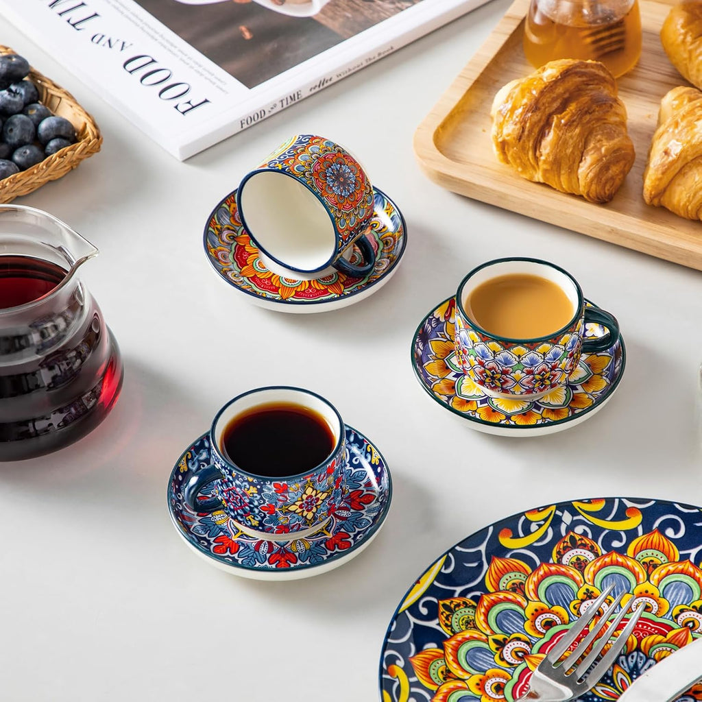 2.5 Oz Stackable Espresso Cup Set of 4, Ceramic with Saucers