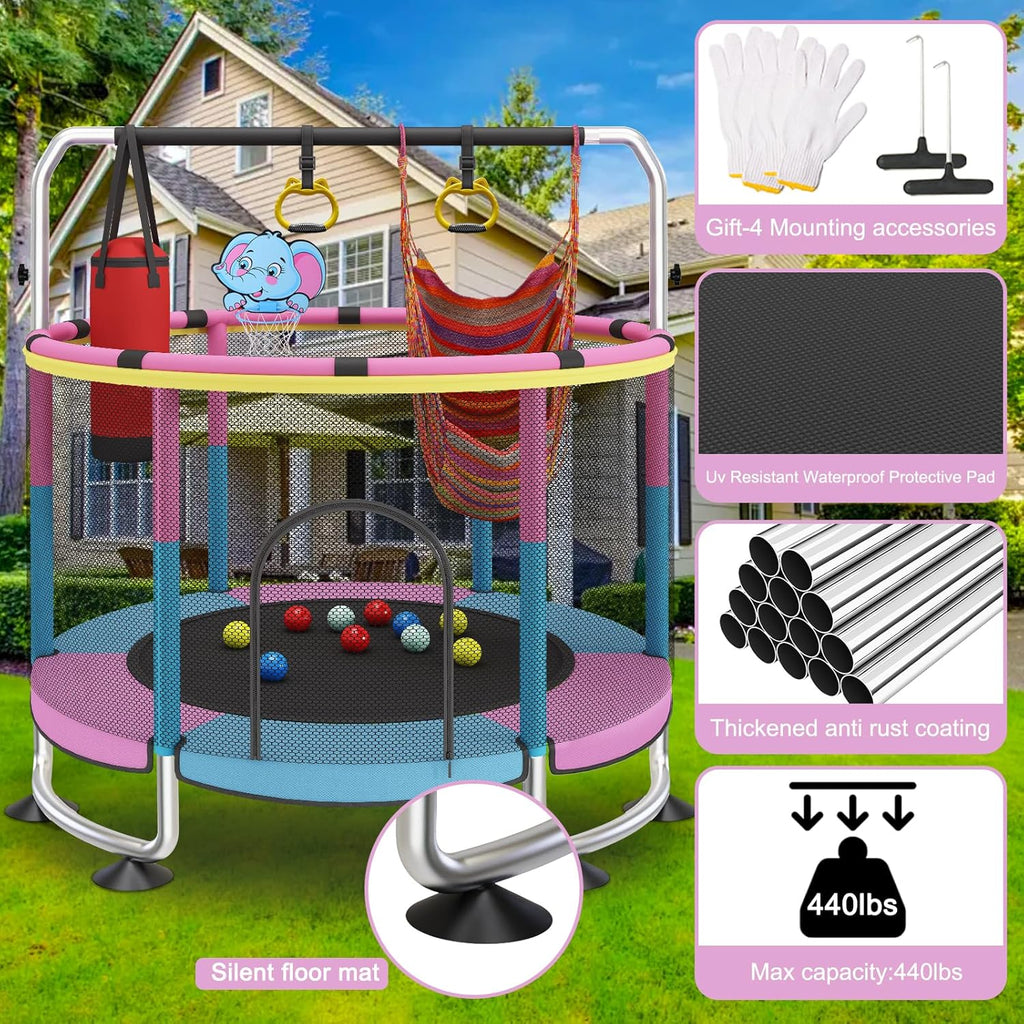 60" Toddler Trampoline, Indoor Trampoline for Kids with Safety Enclosure, 440LBS Support, Adjustable Gymnastics Bar &