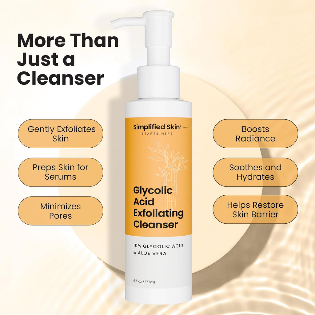 Glycolic Acid Face Wash & Cleanser, 10% AHA | 10% Glycolic Acid with Aloe Vera & Sunflower Oil, Gently Exfoliates &