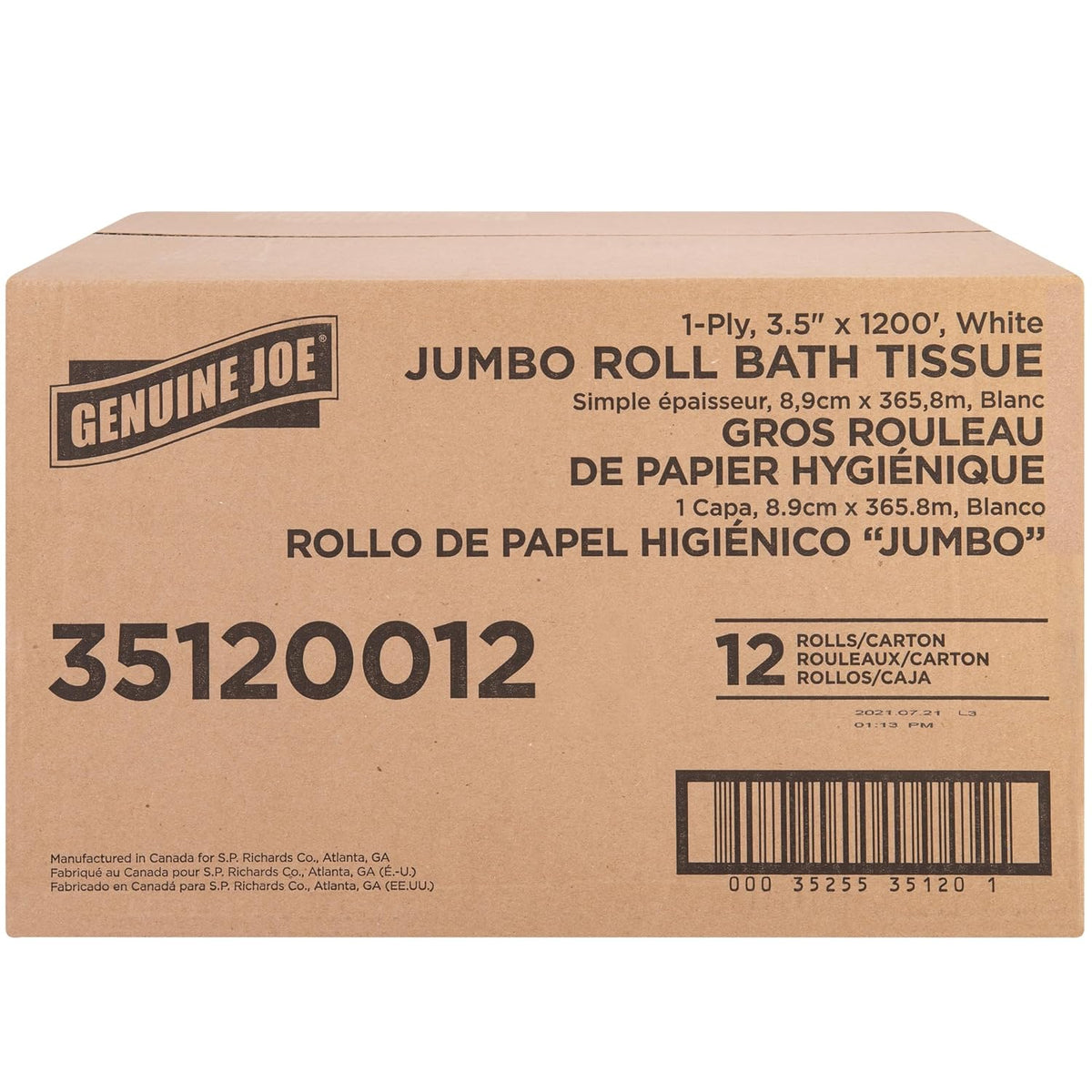 Jumbo Roll Bath Tissue, 1-Ply, 3.63" x 1200', White, 12 Count