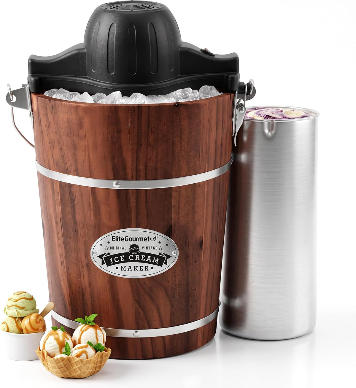 EIM949 6Qt Old Fashioned Walnut Wood Bucket Ice Cream Maker