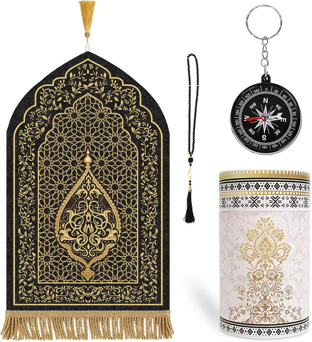 Muslim Prayer Rug with Tasbih Prayer Beads and Compass Keychain
