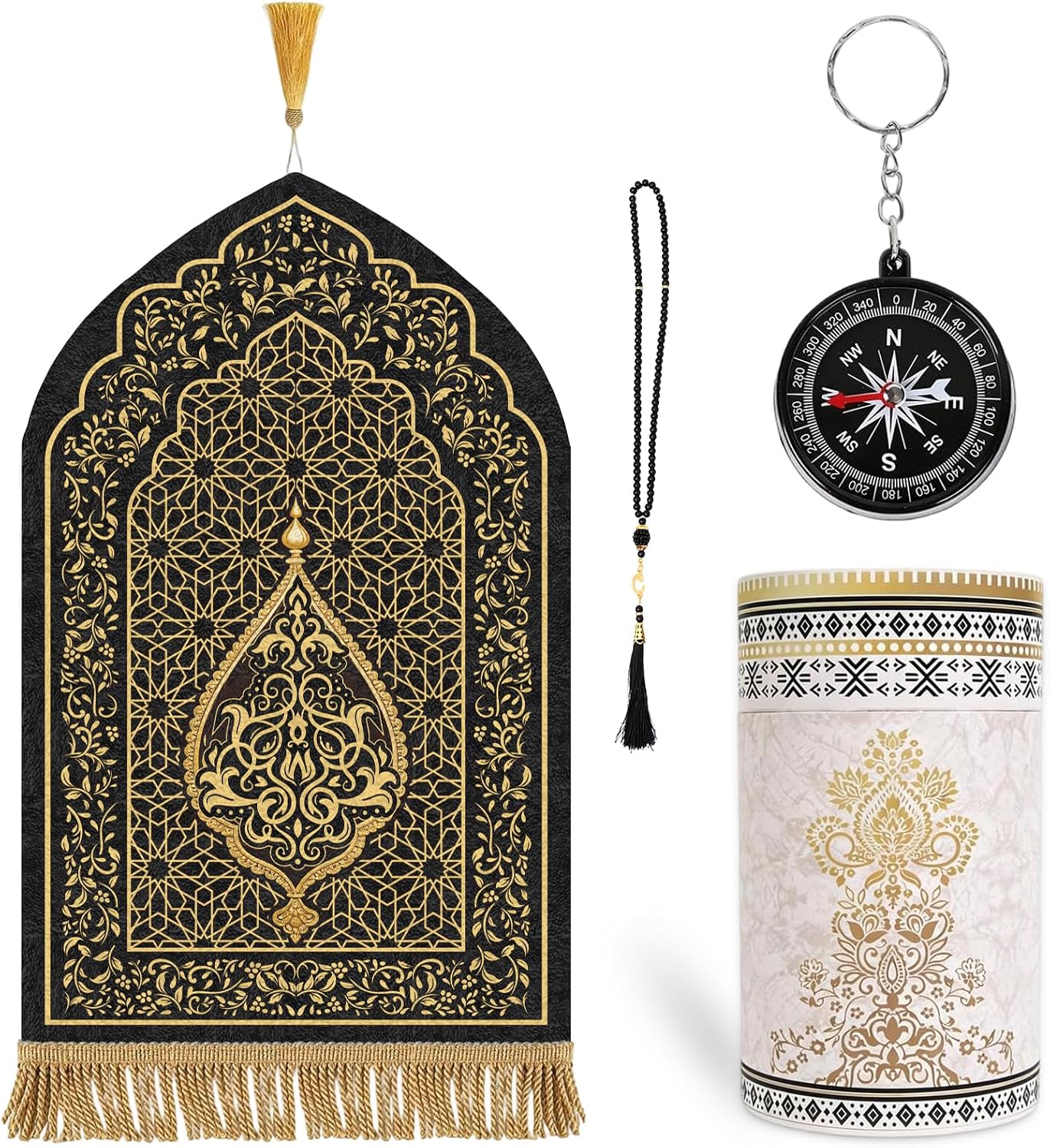 Muslim Prayer Rug with Tasbih Prayer Beads and Compass Keychain
