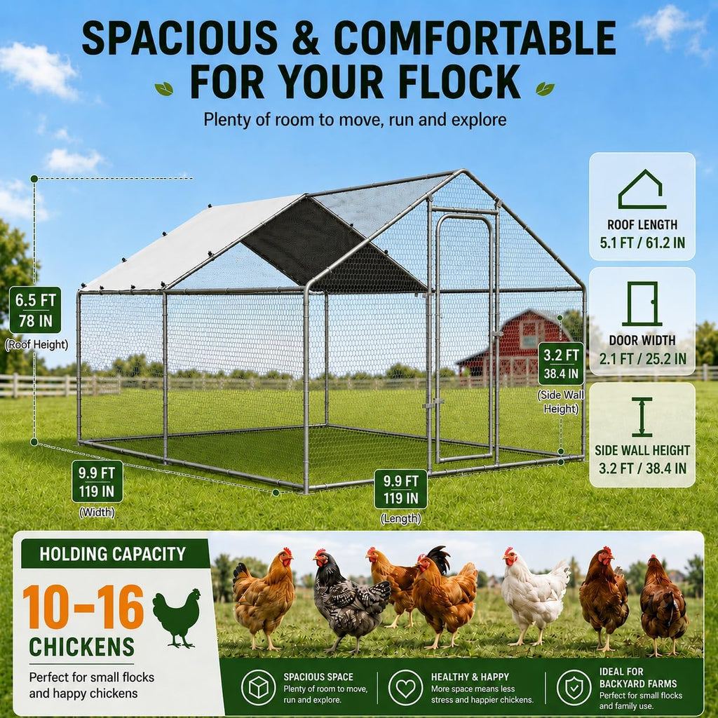 10x10x6.5 FT Metal Chicken Coop, Large Chicken Run with Cover