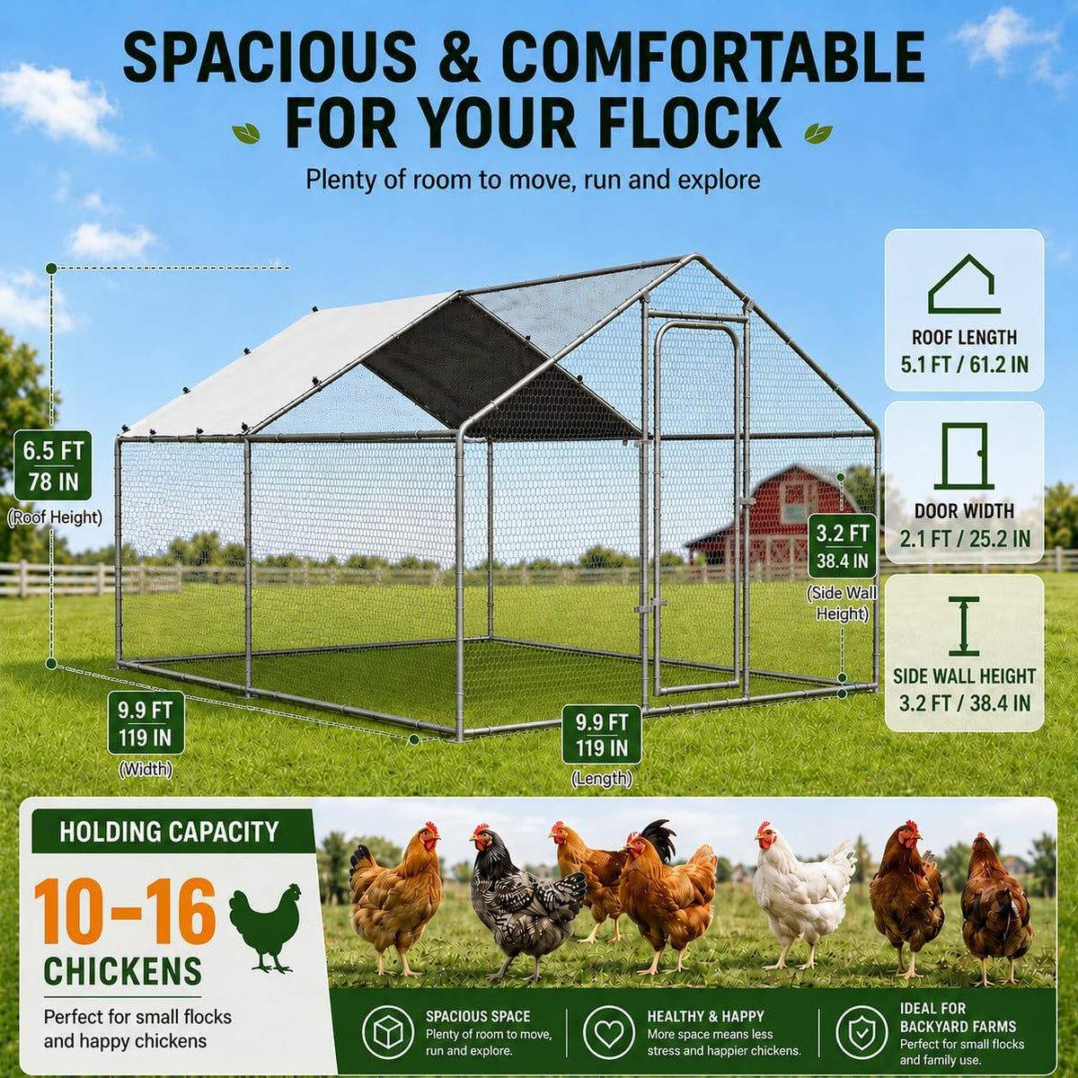 10x10x6.5 FT Metal Chicken Coop, Large Chicken Run with Cover