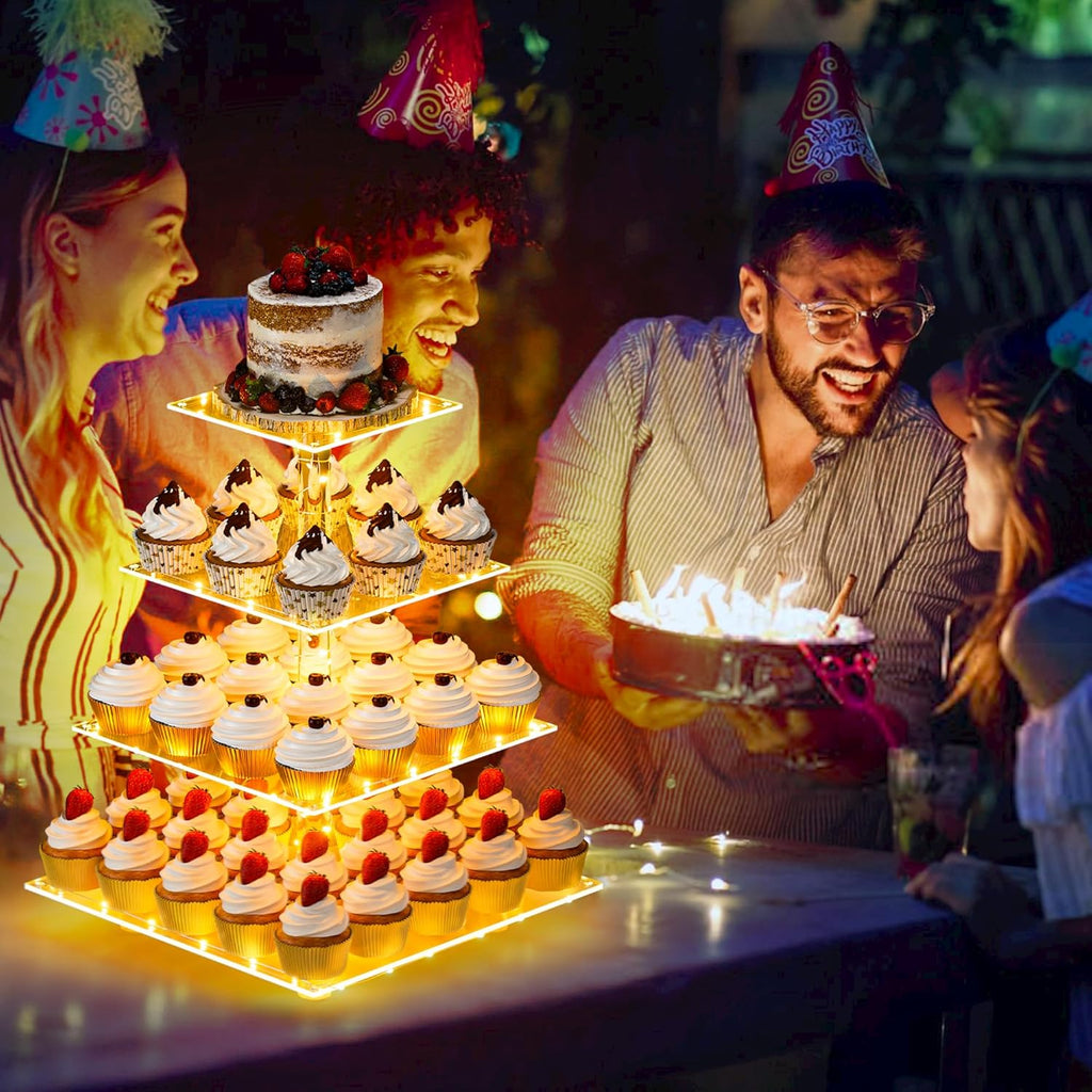 Cupcake Stand with Yellow LED Lights, 4 Tier Cupcake Stand for 50 Cupcakes, Acrylic Cupcake Tower Stand, Clear Tiered